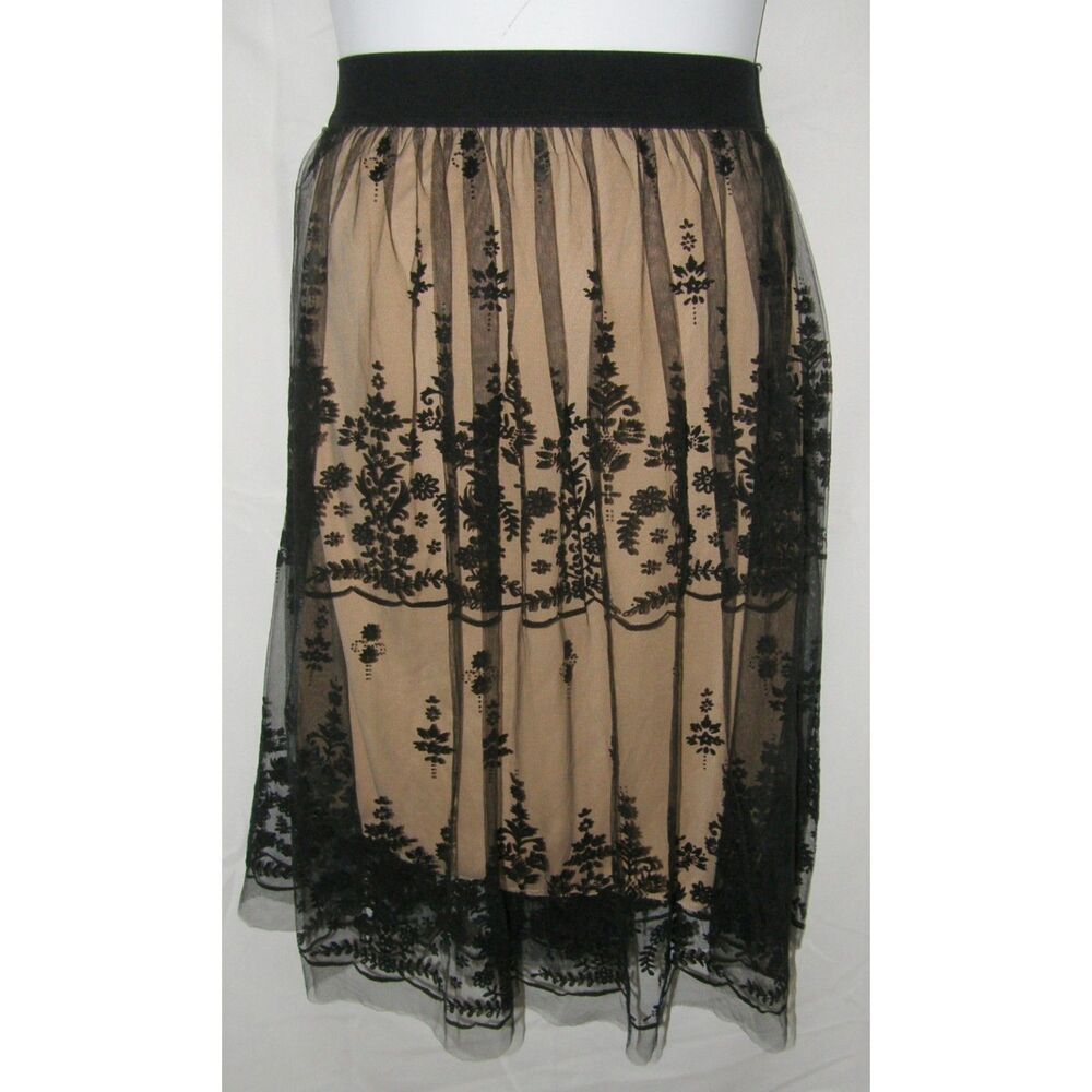 METRO WEAR Lacy Black Plus Sz 1X Church Office Flowy Lined Knee Length Skirt